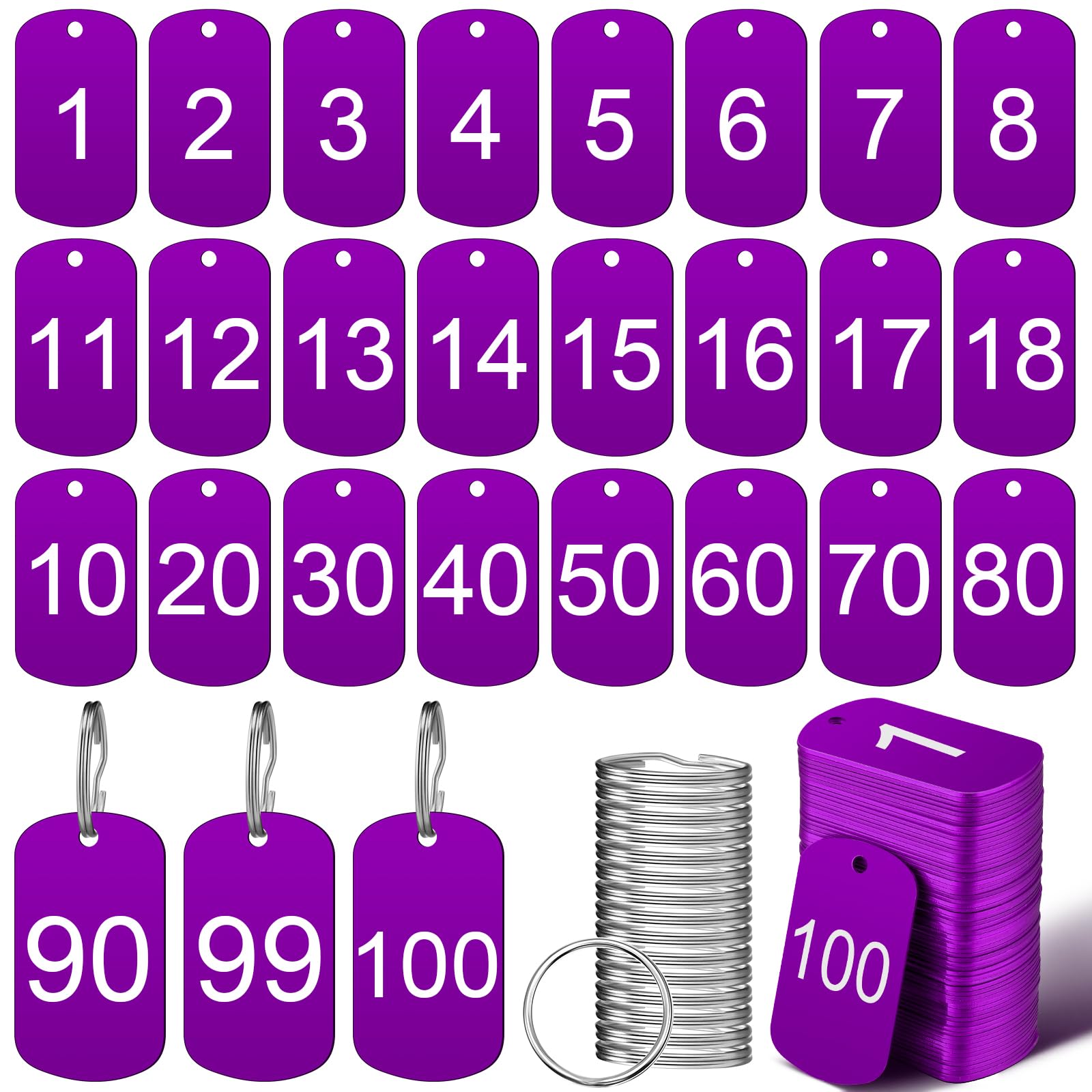 MorningRo 100 Pcs Aluminum Number Tags with Key Rings Number 1-100 Metal Key Tags for Identification Hotel Dormitory House Lockers (Purple,Rectangular)