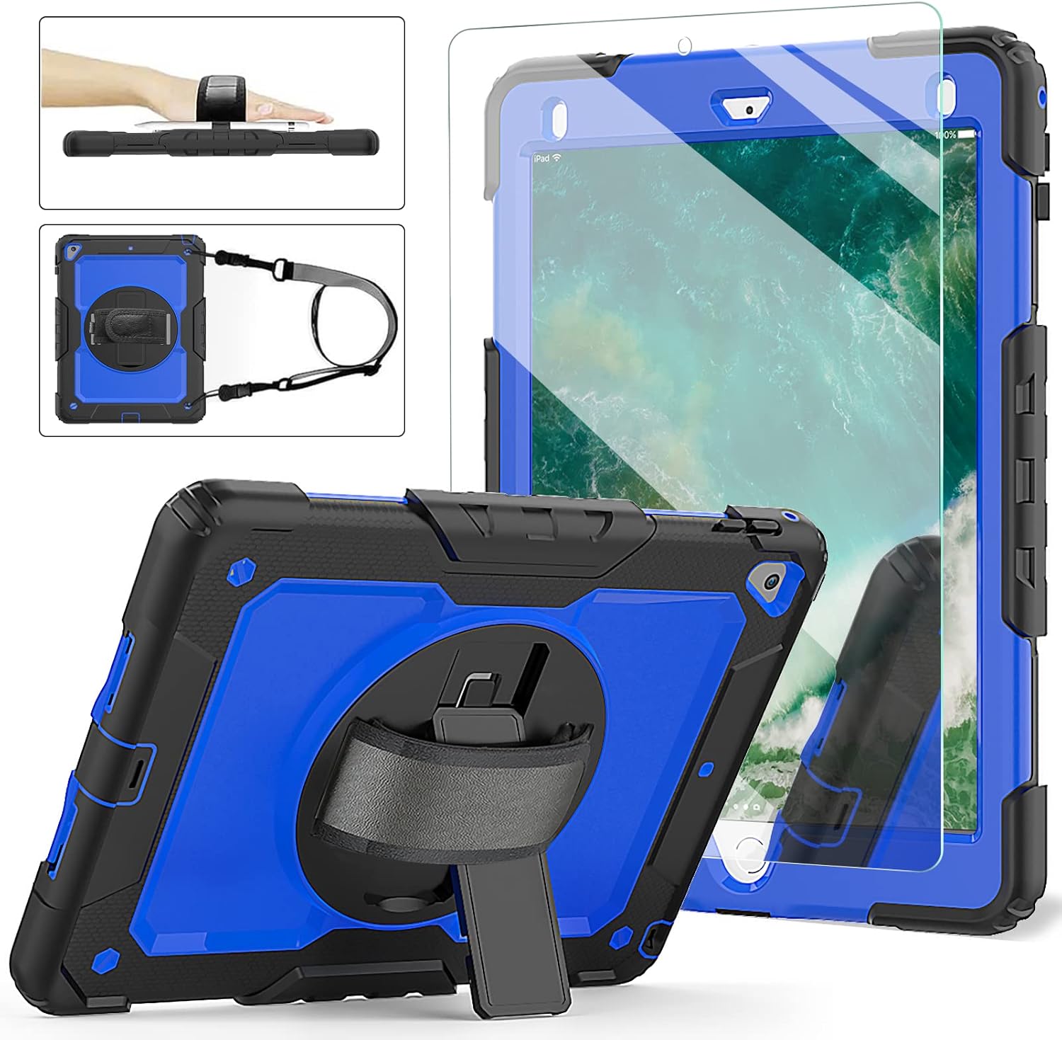 Buy 1 get 1 iPad 6th/5th Generation Case with Tempered Glass Screen Protector, iPad 9.7 Case 2018/2017, [360° Rotatable Hand Strap & Kickstand] Ambison Full Body Protective Case with Pencil Holder (Blue & Black)