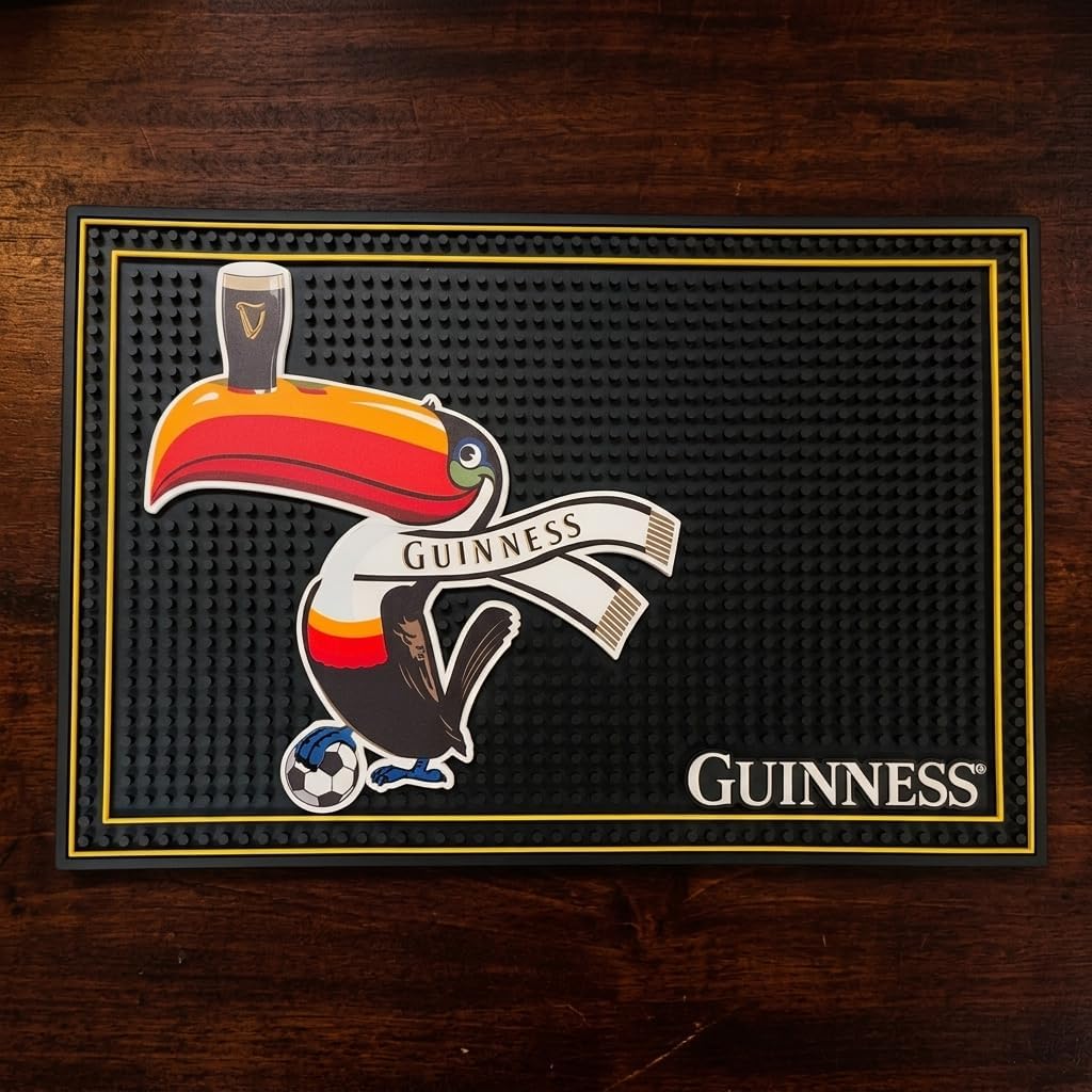 Guinness Toucan Soccer Bar Mat - 12x18 Heavy Duty PVC Spill Mat for Drinks - Non-Slip Rubber Beer Mat for Soccer Fans & Game Day - Perfect Home Bar Accessory