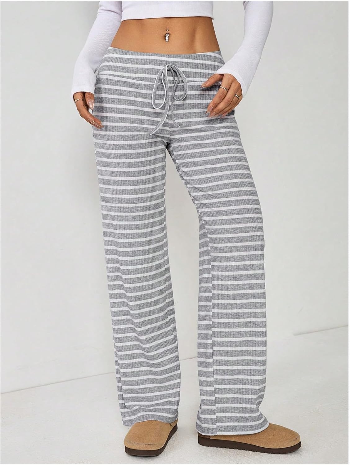 Women's Striped Pants Knot Front Wide Leg Baggy Lounge Pants Casual Low Rise Trousers - Image 2