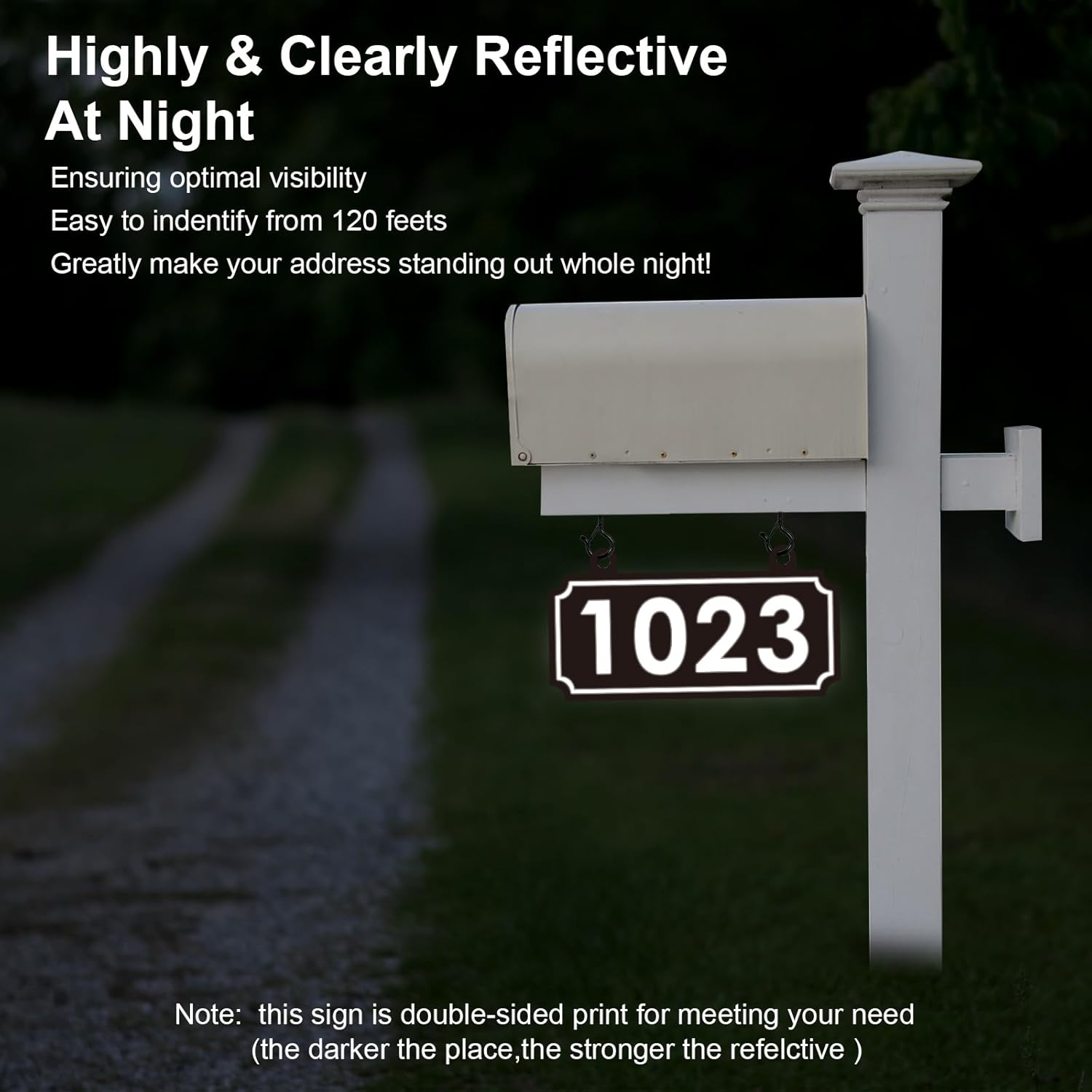 Hanging Address Plaque Sign Reflective - 10'' x 5.1'' Custom House Number Sign,House Numbers for Outside,Mailbox,Lamp Light Post/Double Side with Hooks (Notch Style)
