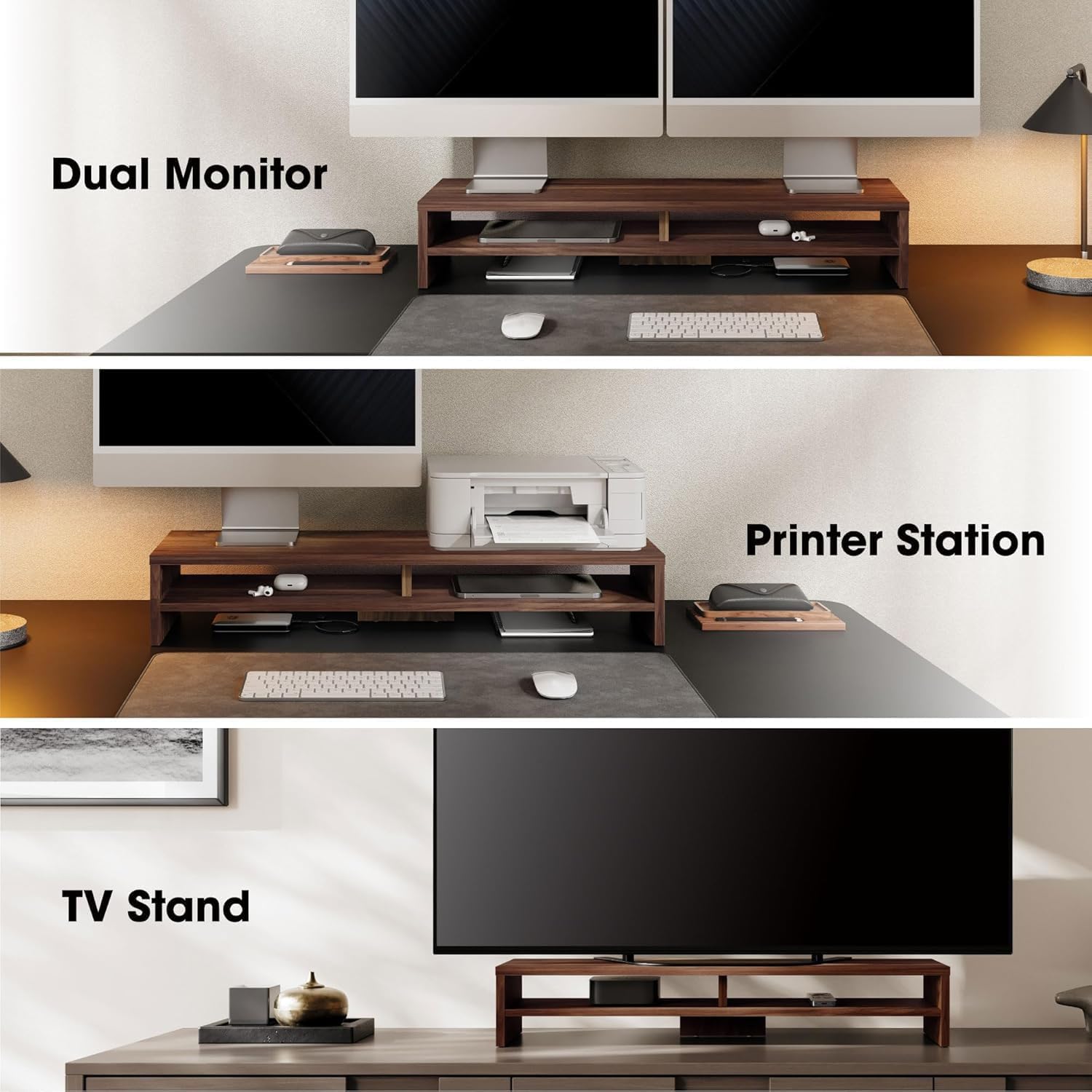 Fenge Monitor Stand, 31.5 Inch Computer Monitor Riser for Desk, 2 Tiers Wood Desk Shelf with Storage, Desktop Organizer for PC, Laptop, Screen, Printer
