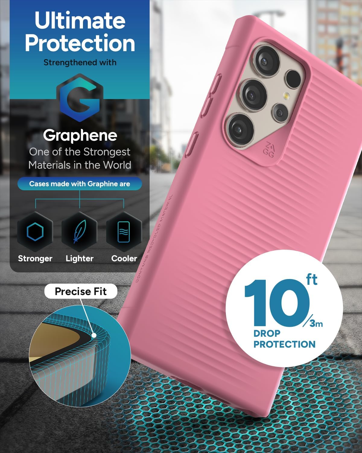 ZAGG Luxe Samsung Galaxy S24 Ultra Case – Graphene-Enhanced, Ultra-Slim, Shock-Resistant, 10ft Drop Protection, Eco-Friendly Design, Wireless Charging Compatible, Coral Pink