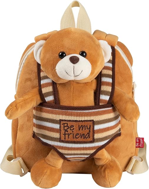 PERLETTI Plush Teddy Bear Backpack for Toddler - Children 3 4 5 Years Daypack and Removable Soft Stuffed Animal - Fluffy Puppet and Baby Kid Handbag Preschool Kindergarten Travel - 22x25x3 cm(Bear)