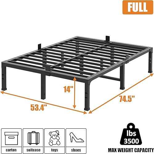 Miniatura 9 de FUIOBYVV Marco de cama King con plataforma de metal resistente de 14 pulgadas, soporte de cama tamaño King de hasta 3500 libras, no necesita somier,