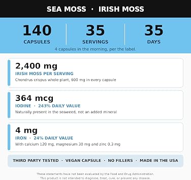 Alkaline Herb Shop Sea Moss Supplement 140 Capsules - Wildcrafted Irish Sea Moss (Chondrus crispus, Musgo Marino) from Canada - 2,400 mg per Serving, Excellent Source of Iron, Vegan