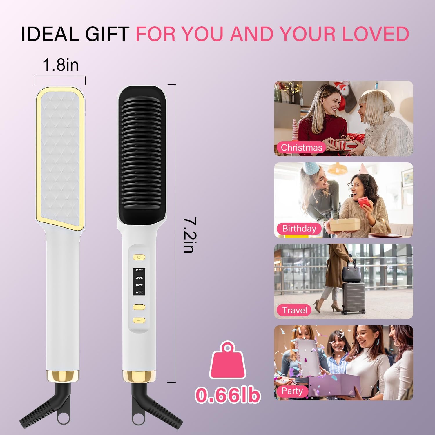 Hair Straightener Brush, Hair Straightening Iron with Built-in Comb, 4 Temp Settings & LED Display & Anti-Scald & Auto-Off Safety, Perfect for Fine, Soft Hair