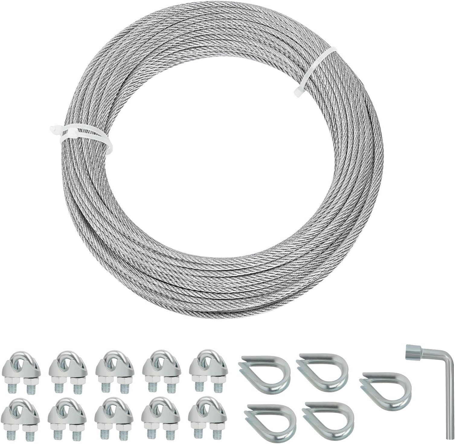 Galvanized Steel Wire Rope Cable, 1/8” Galvanized Steel Cable with Rope Clamp and Thimble, 7X7 Strand Core Aircraft Cable Used for Anchored Shed, Fencing, Sunshade, Clothesline (50ft)