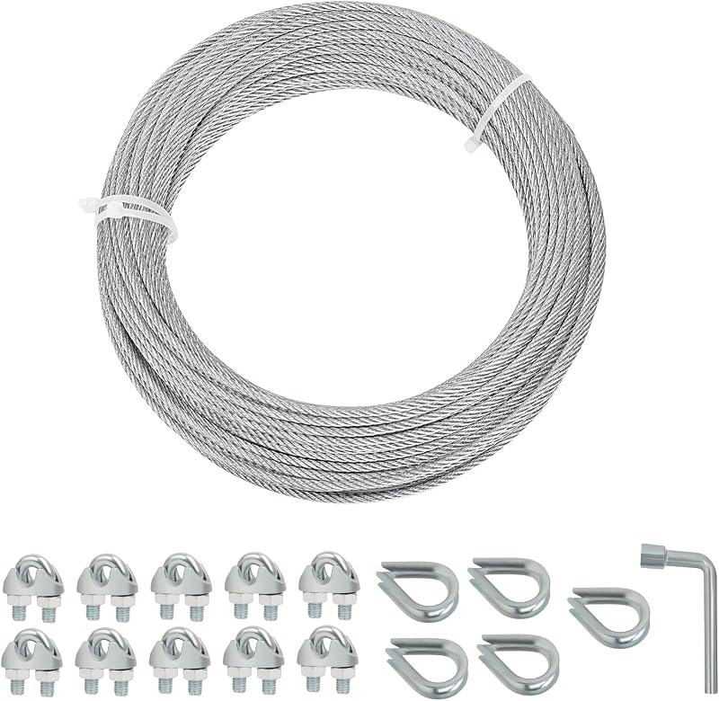 Cable de cuerda de alambre de acero galvanizado, cable de acero galvanizado de 1/8" con abrazadera de cuerda y dedal, cable de avión con núcleo de 7 x 7 utilizado para cobertizo anclado, cercas, sombrilla, tendedero (50 pies)
