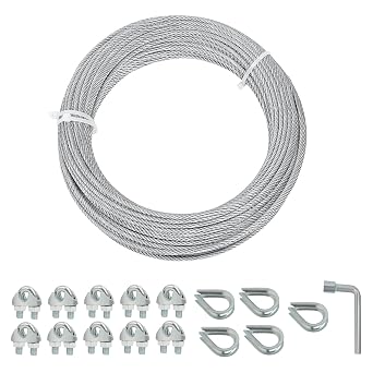Galvanized Steel Wire Rope Cable, 1/8 Galvanized Steel Cable with Rope Clamp and Thimble, 7X7 Strand Core Aircraft Cable Used for Anchored Shed, Fencing, Sunshade, Clothesline 50ft