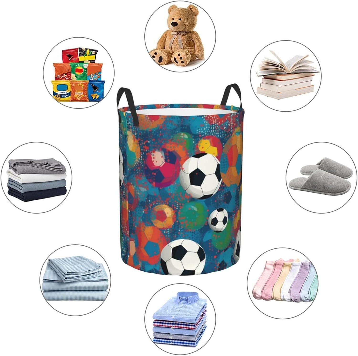 Colorful football Laundry Basket With Handles, Foldable Laundry Hamper Oxford Cloth Dirty Clothes Basket Waterproof Clothes Toys Storage Bin Organizer for Bedroom Bathroom Dorm