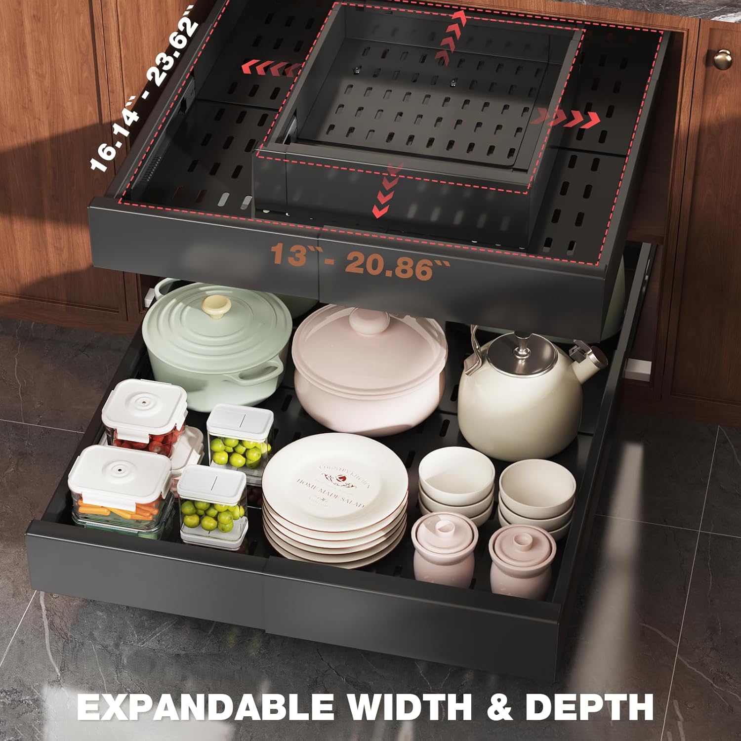 4 Pack Pull Out Cabinet Organizer Expandable Width(13"-21") and Depth(17"-24"),Slide Out Drawers With Raising Pad for Framed Cabinets,No Drill Roll Out Shelves for kitchen,Bathroom,Black