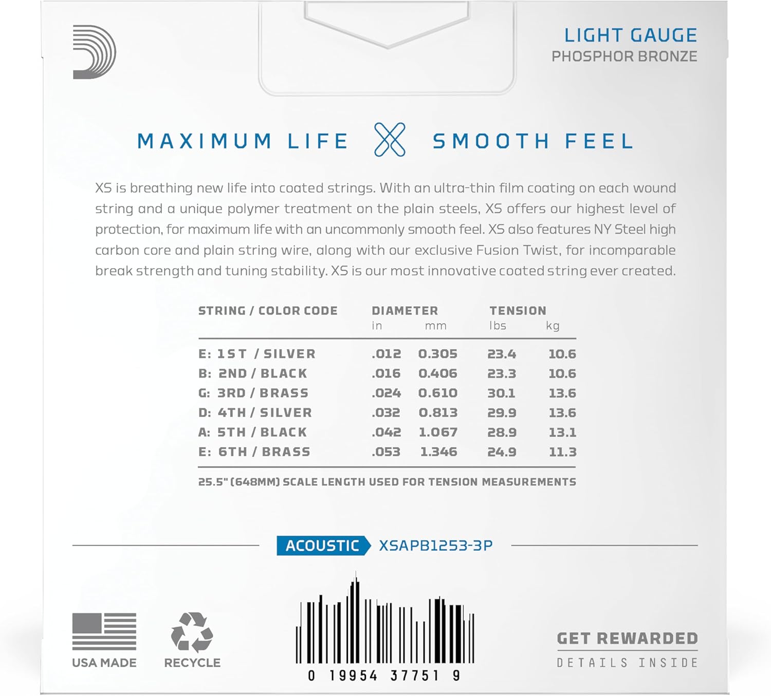 D'Addario Acoustic Guitar Strings, XS Phosphor Bronze Coated, XSAPB1253-3P, Light Gauge 12-53, 6-String Set, Pack of 3