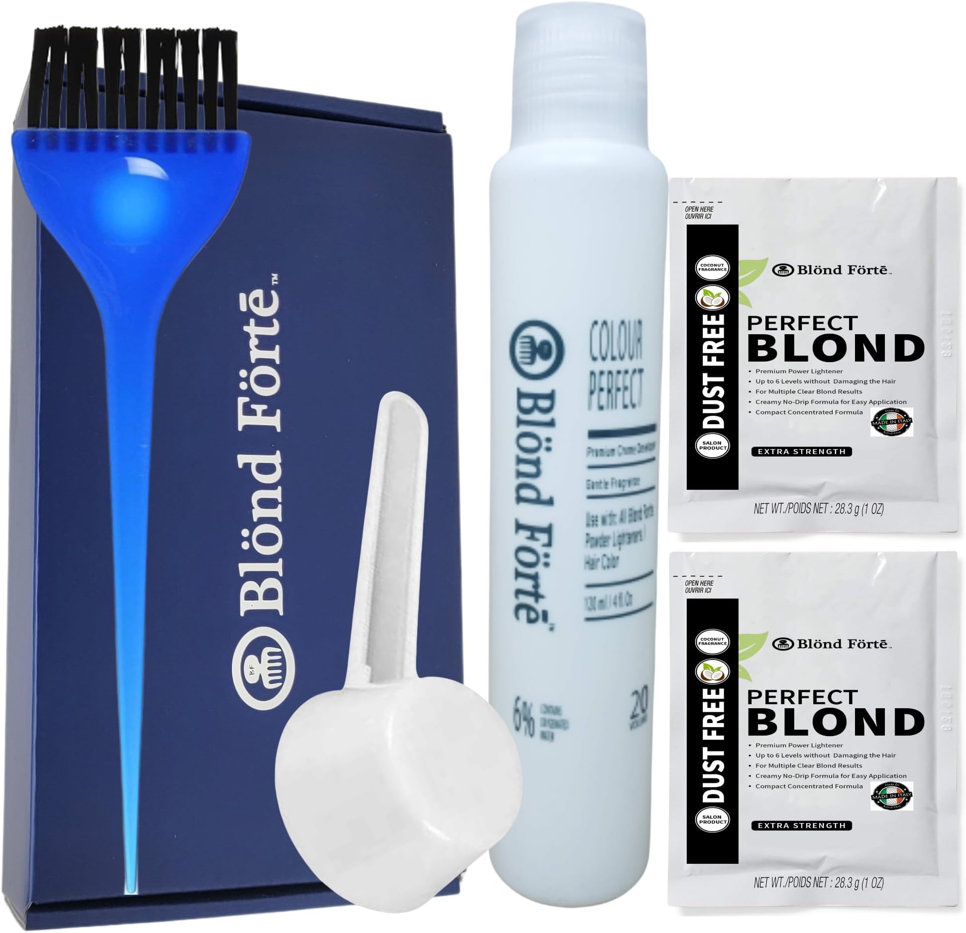 Perfect Blond Hair Dye Toner Lightener Bleaching Powder Kit 120 ml 30 Vol Developer & Brush Glove - By Blond Forte(Blue Lightener)