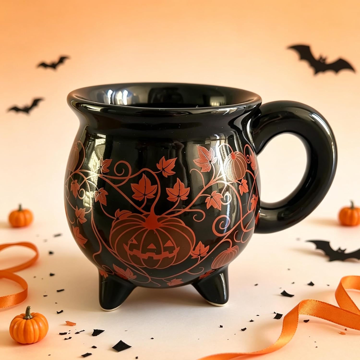 Halloween Ceramic Cauldron Mug, 17 Ounces Coffee Cup, Glossy Finish with Handle, Reusable Hot Beverage Container for Adults (Witch, Black)