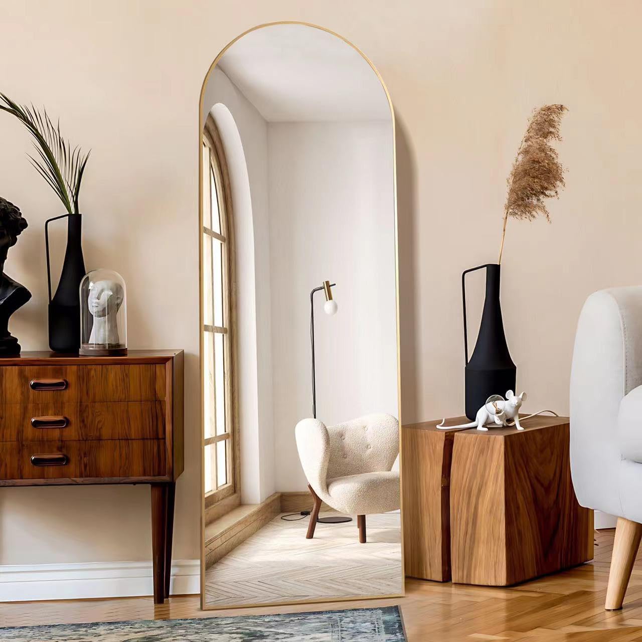 KOCUUY Arched Full Length Mirror, 161 x 52 cm Wall Mirrors, Gold Standing or Leaning Full Body Mirror with Aluminum Alloy Frame, Suitable for Bedrooms, Hallway or Cloakroom
