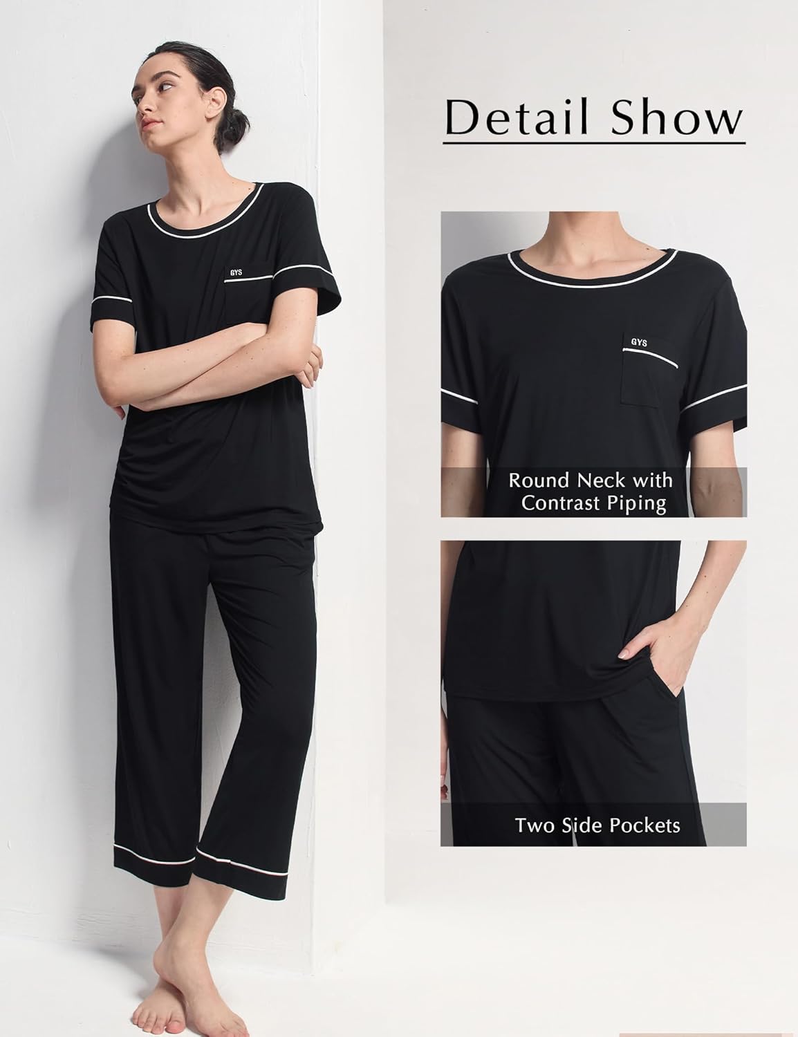 GYS Women Pajama Sets Bamboo Viscose Short Sleeve Top and Capri Pants 2 Piece Sleep Set - Image 4