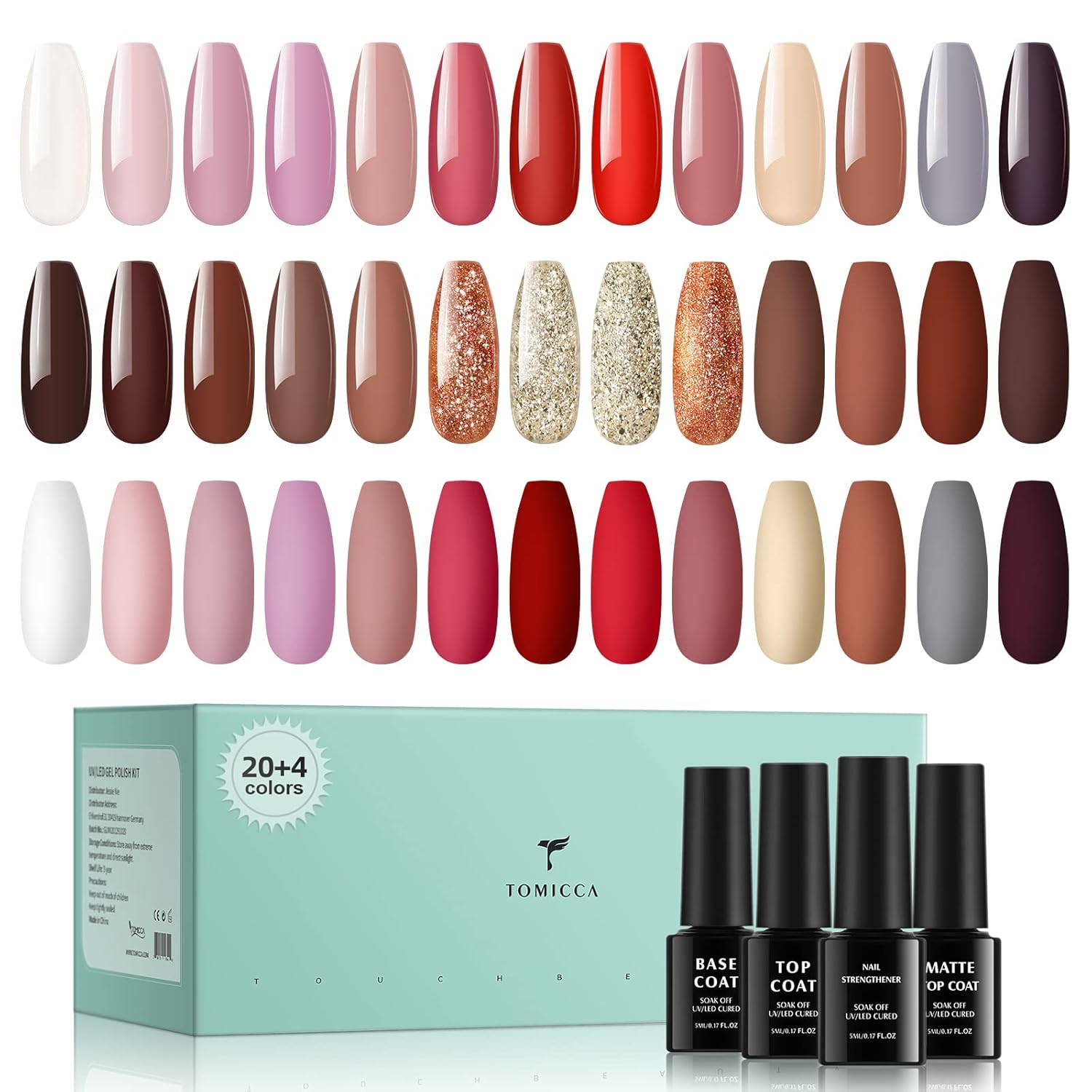 TOMICCA 24 PCS Gel Nail Polish Kit, 20 Colors Nude Natural