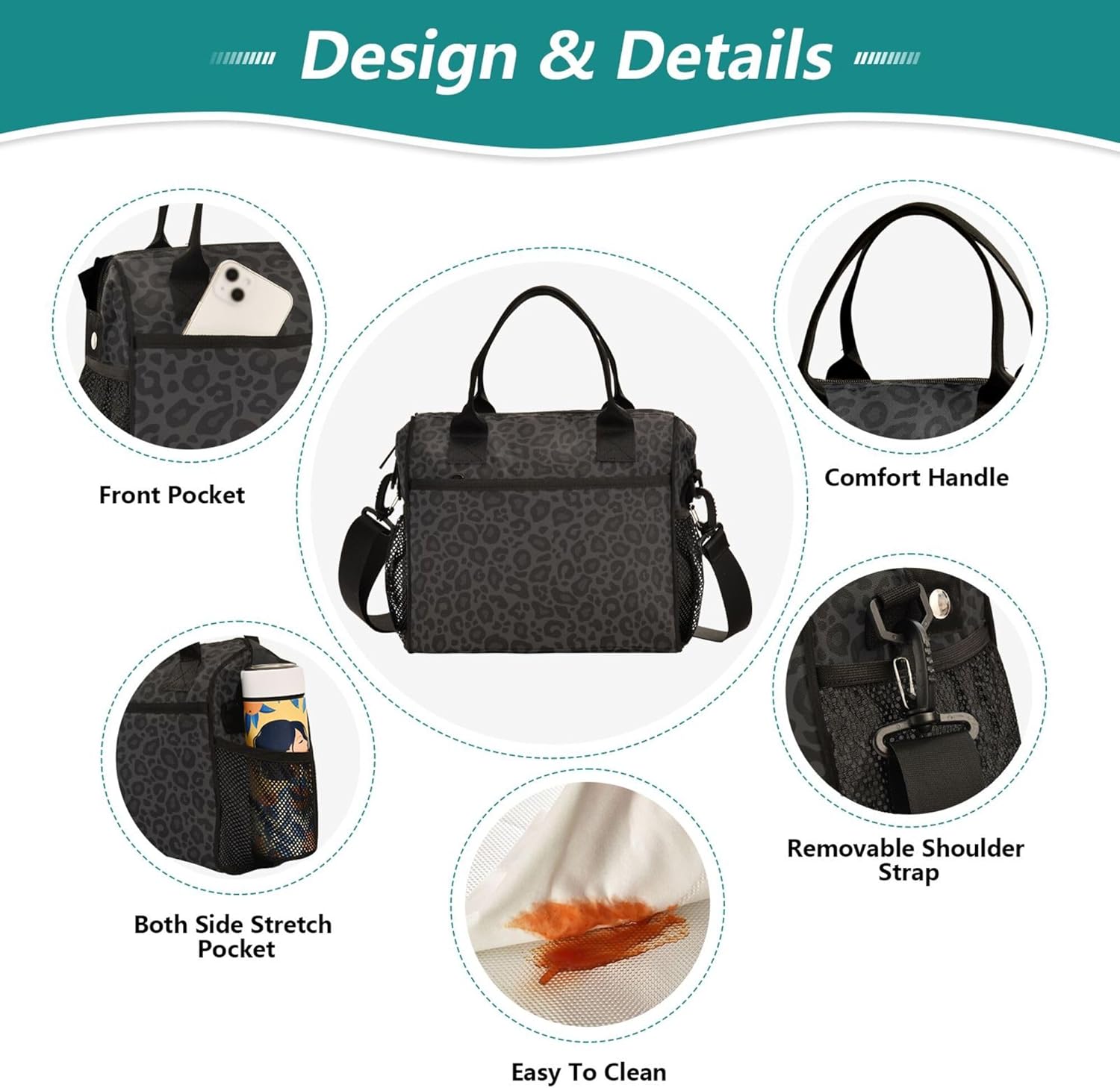 Cheetah Black Lunch Bag with Shoulder Strap for Kids Boys Girls Teens Leopard Animal Print Lunch Box Woman Tote Bags Water-resistant Insulated Warm Cooler Bag for School Work Office Camp(11x10x6Inch)