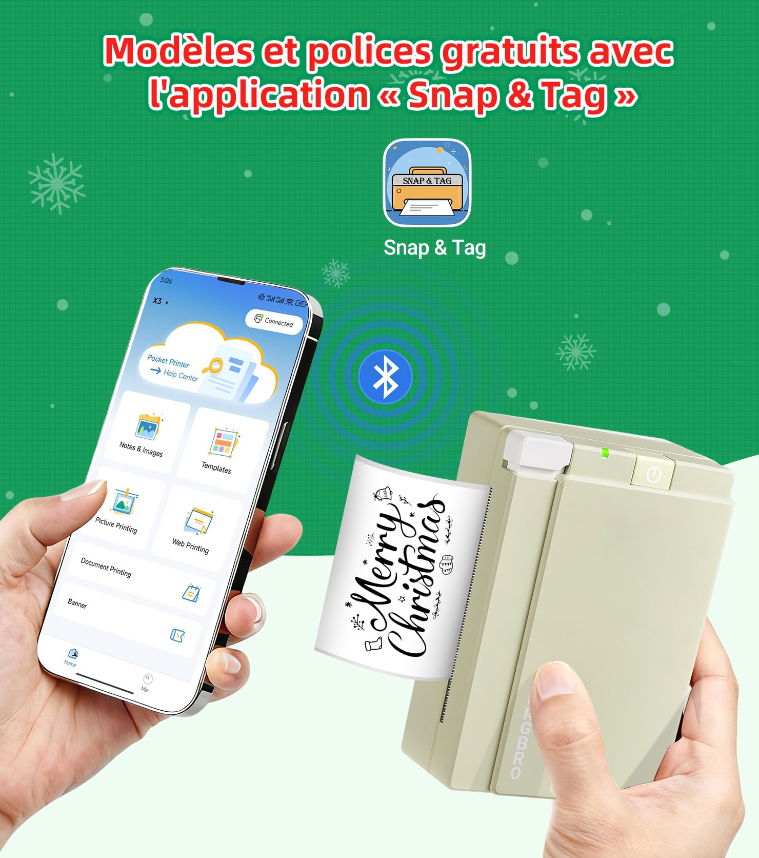 ORGBRO Mini Imprimante, X3 Thermique Bluetooth Imprimante Autocollante Portable, avec 1 Rouleau de Papier Thermique, 300DPI Petite Printer pour DIY Photos, Notes, Compatible iOS Android, Vert Olive