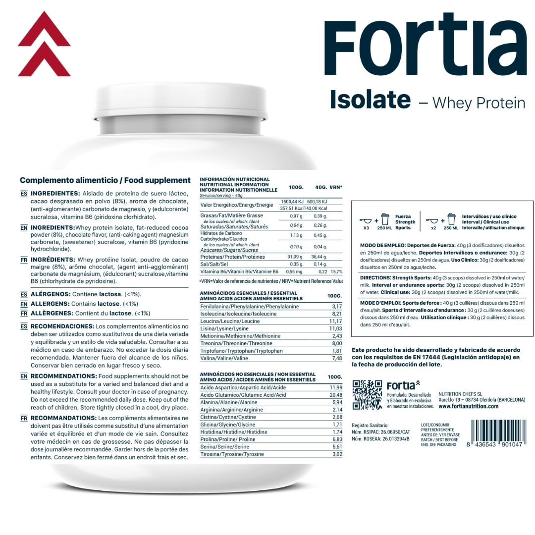 FORTIA Whey Protein Isolate 100% 36g/dosis + Shaker – Proteina Isolada de Suero Premium Hecha en España | Proteína Alta en BCAA, Leucina y Glutamina | Mejora Masa Muscular | Chocolate 1800g
