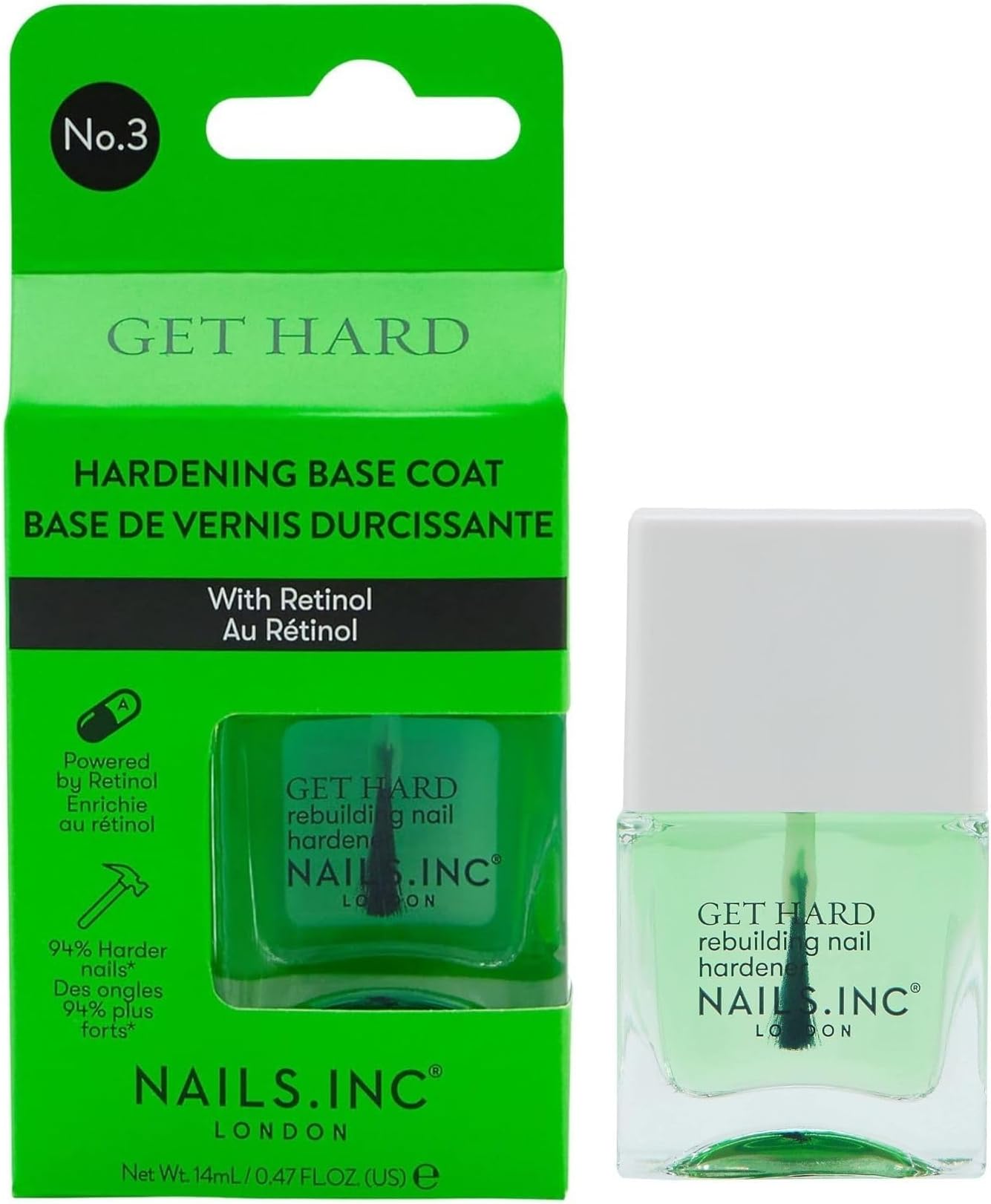 Get Hard, Hardening Base Coat, Retinol, Nail Strenthening, No Chip, Long Lasting, Quick Dry, Air Dry, Professional Manicures & Pedicures, Fingernails & Toenail, Vegan Nail Polish, 0.47 Fl Oz