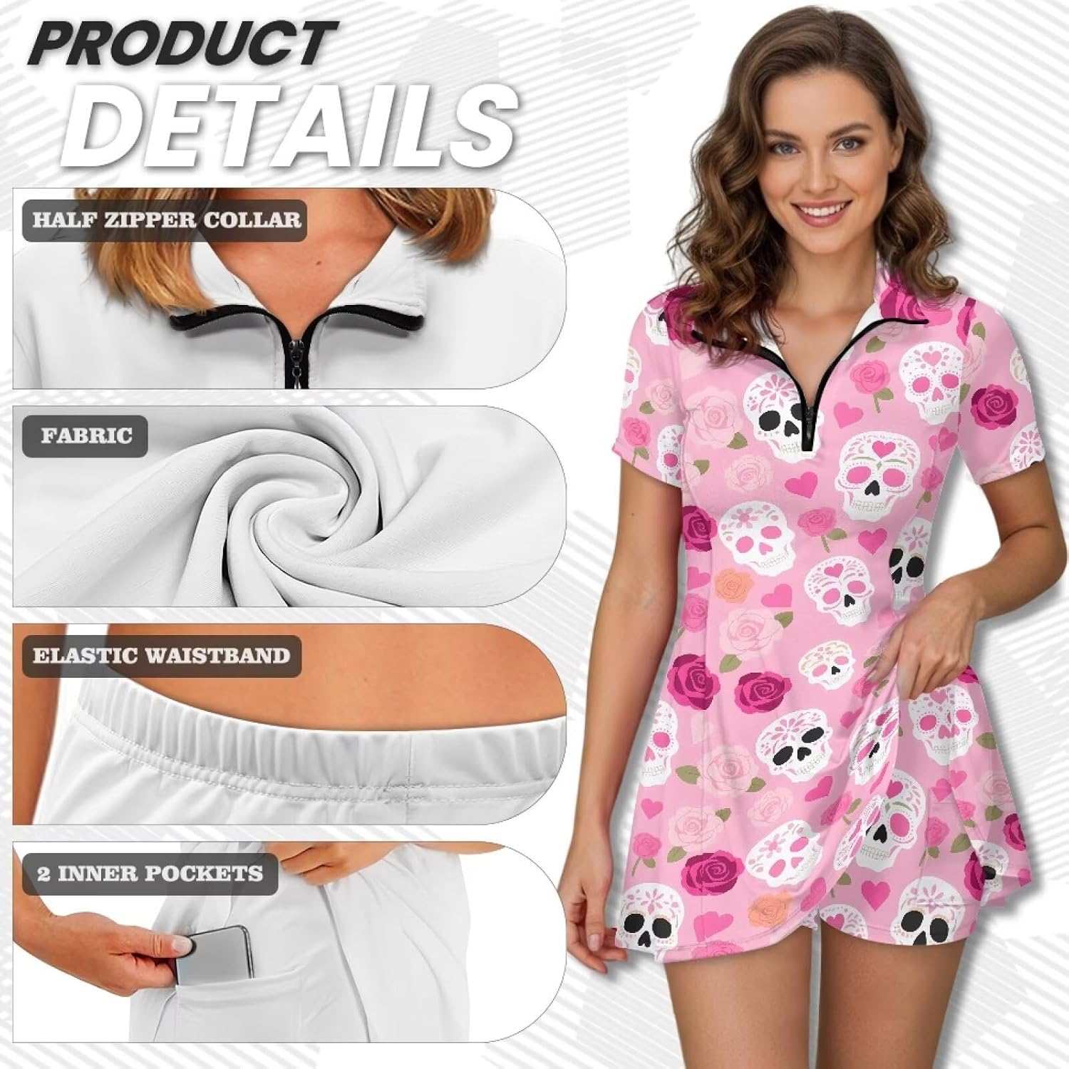 Irisjudy Women Tennis Dress Autumn Harvest Zip Up Polo Golf Athletic Dress with Built in Shorts Sugar Skull Workout Outfit