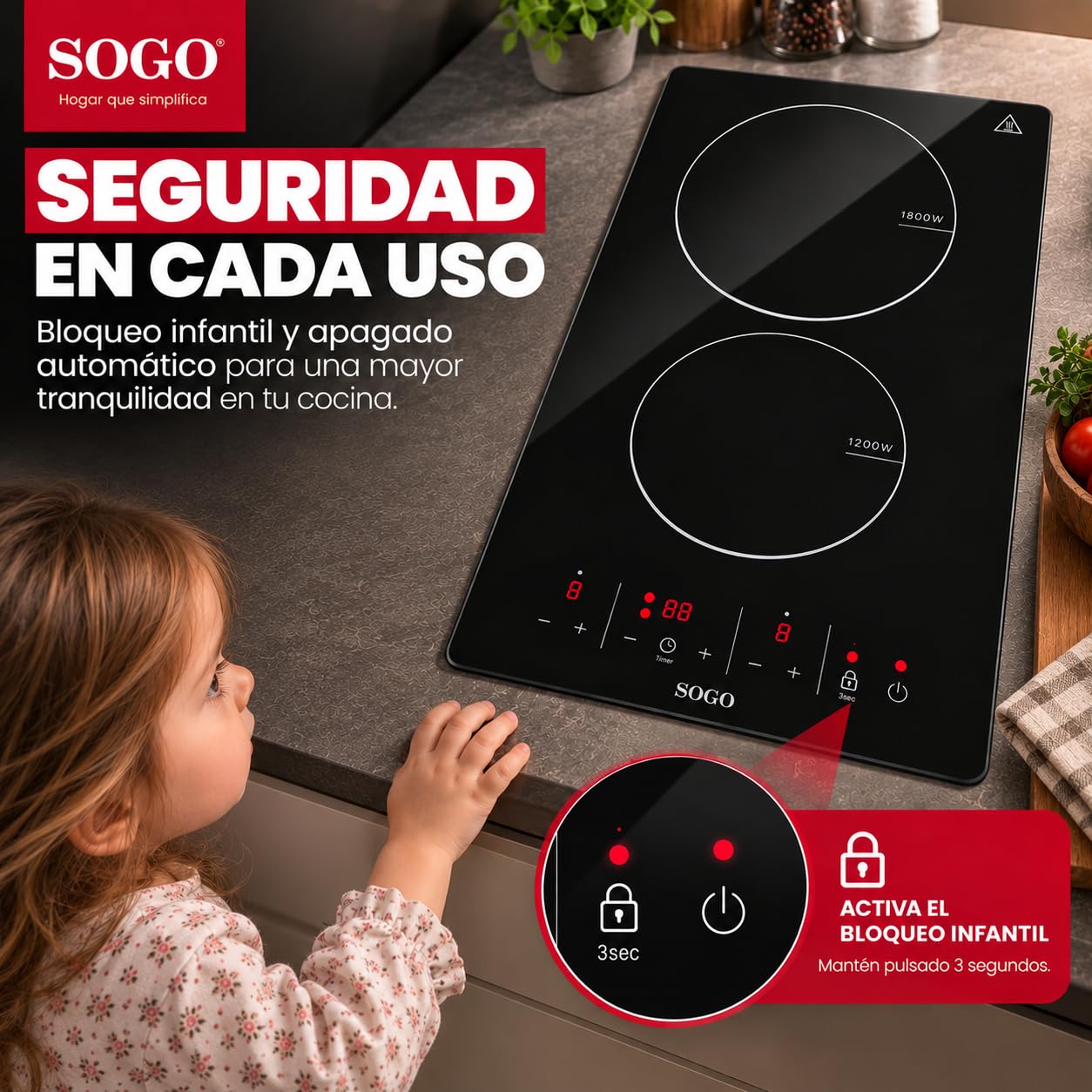 Placa Vitrocerámica 2 Zonas 3000W con Control Táctil – Cocina Eléctrica Empotrable, 9 Niveles de Potencia, Temporizador 99 min, Bloqueo Infantil y Apagado Automático