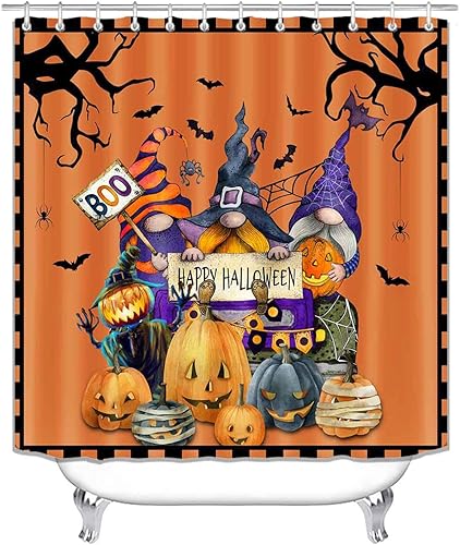 Miniatura 2 de Juego de 4 cortinas de ducha de gnomos lindos de Halloween, cortina de ducha de tela impermeable, alfombra de baño antideslizante, divertida