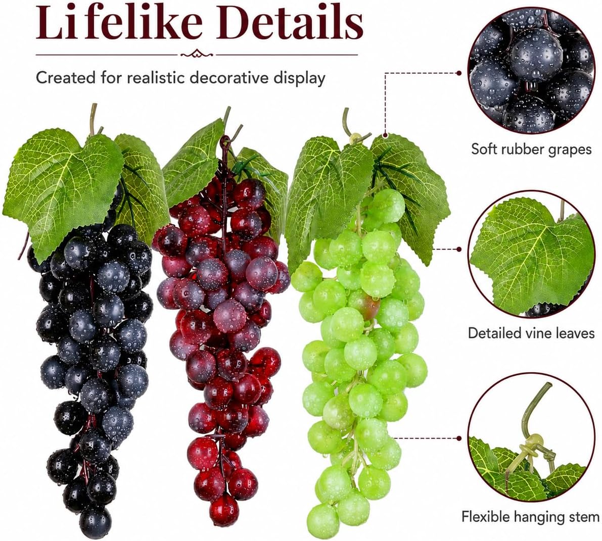 3 Bunches Artificial Grape Fake Grapes with Vines Lifelike Simulation Fruit Decorative for Kitchen Party Pub Home Cabinet Ornament(3 Colors, 60 kernels)