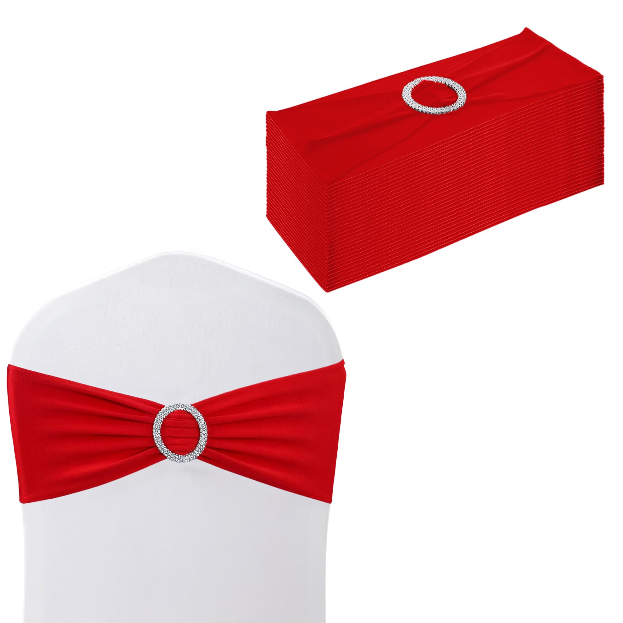 WedDecor Stretch Chair Bands Plain Spandex Band with Slider Buckle for Wedding Party Chair Decoration, Events Supplies, Formal Meeting, Red, 13 x 6 Inches, 10pcs