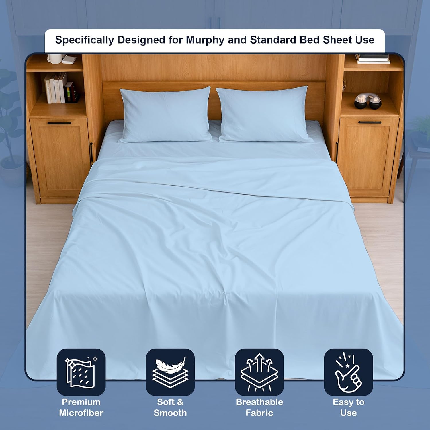 Cottington Lane Sky Blue Sheets for Murphy Bed Mattress, 4 Piece Premium 1800 Ultra Soft Brushed Microfiber Queen Size Wall Bed Sheet Set, 6-10 Inch Deep Pocket with All-Around Elastic