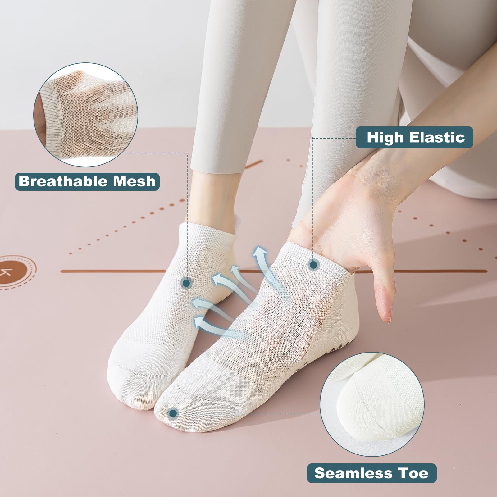 BISOUSOX Yoga Socks with Bag Women Pilates Socks Short Non-Slip Breathable Cotton Gym Bar Fitness Gift for Women Pregnant Mother 3 Pairs — view 4