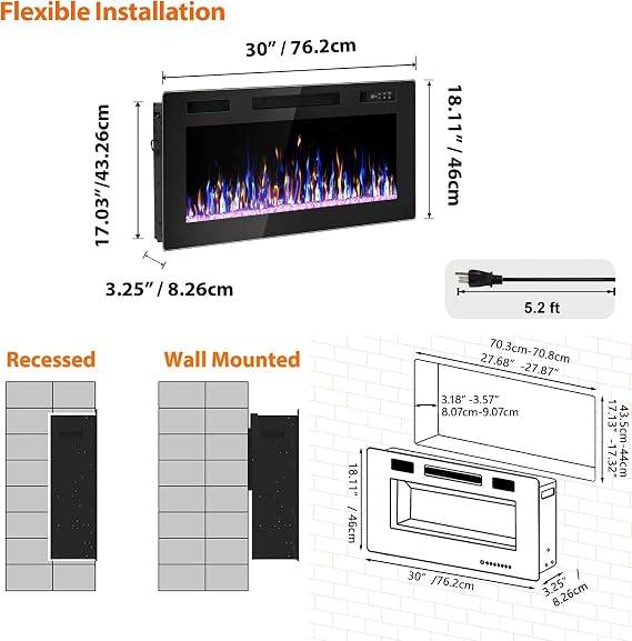 Electric Fireplace, 30 Recessed and Wall Mounted Electric Fireplace, Ultra-Thin Electric Fireplaces Inserts Heater, 750W/1500W Fire Places and Wall Electric Fireplaces with Remote Control