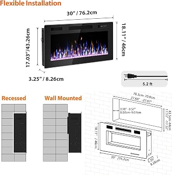 Electric Fireplace, 30 Recessed and Wall Mounted Electric Fireplace, Ultra-Thin Electric Fireplaces Inserts Heater, 750W/1500W Fire Places and Wall Electric Fireplaces with Remote Control