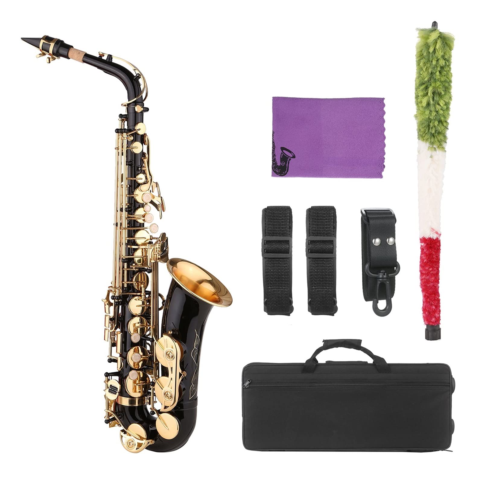 Sax Principianti Kit Ottone EB Alto Sax E Sassofono Piatto Black Vernice in Oro Laccature in Oro con Accessori per Cause Strumento a fiato