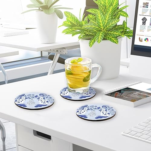 Miniatura 7 de pnyoin Staffordshire - Juego de posavasos de porcelana azul y blanca con diseño de perros, juego de 4 posavasos redondos, base de corcho para