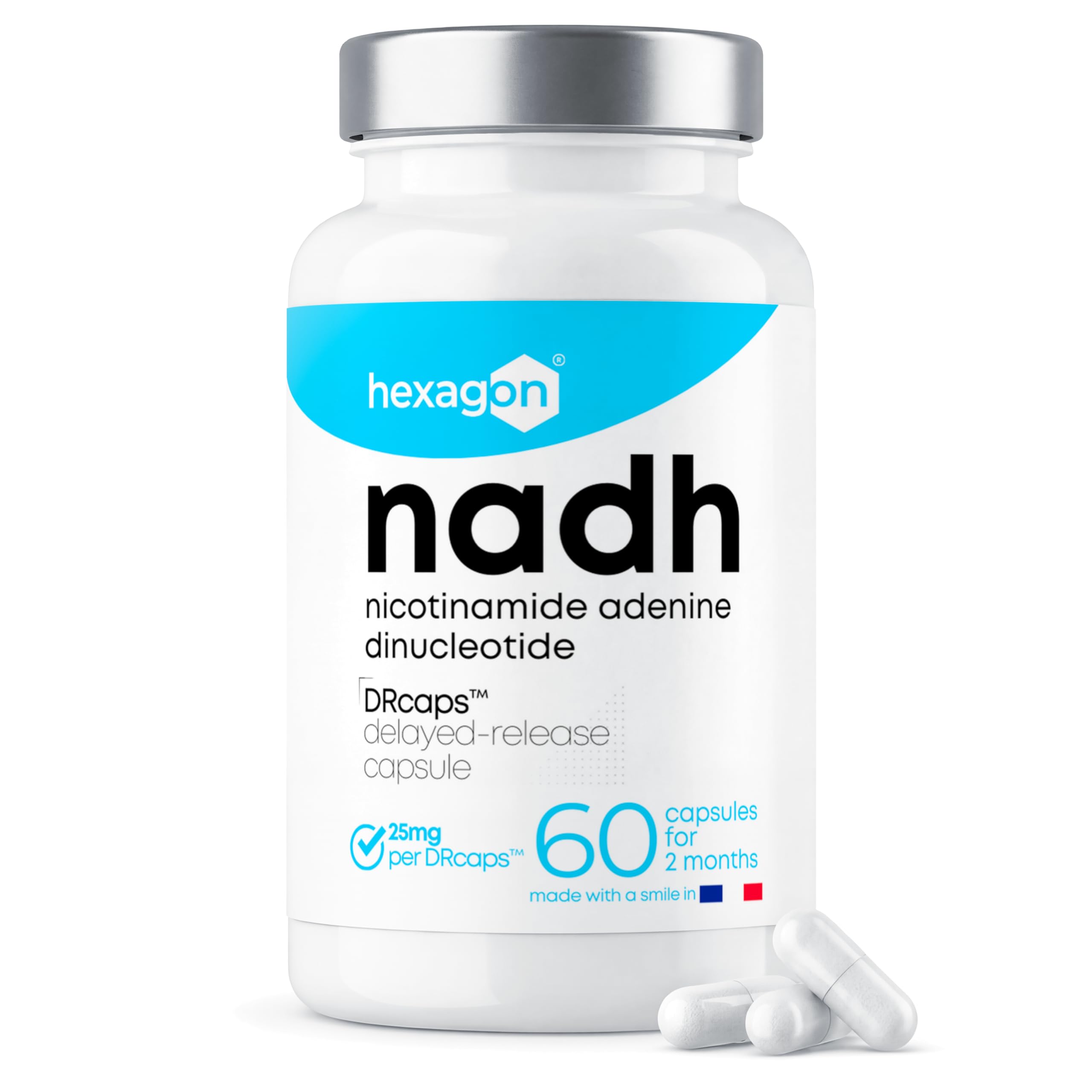 NADH 25mg - +2 Meses de Cura - Liberación Retardada Con DRcaps™ - Energía Celular y Metabolismo - Mejor Biodisponibilidad - Fabricado en Francia - 60 Cápsulas Vegetales - Vegano - Hexagon