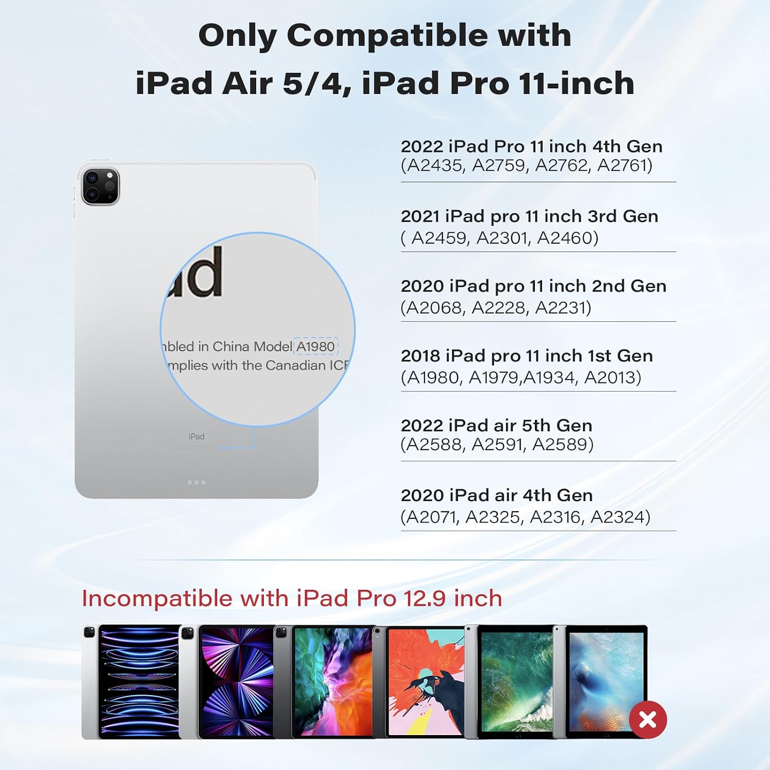 Diagram showing compatible iPad models for the APPS2Car Magic Keyboard Case, including iPad Air 4th/5th Gen and iPad Pro 11-inch 1st-4th Gen.