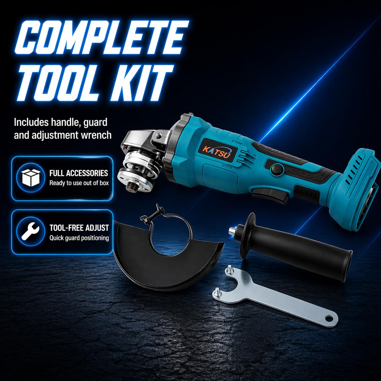 Amoladora Angular Inalámbrica Brushless 21V KATSU FIT-BAT, 115mm con Motor sin Escobillas para Cortar Pulir, 3 Velocidades, Baterías no Incluidas (Solo Máquina) 102606