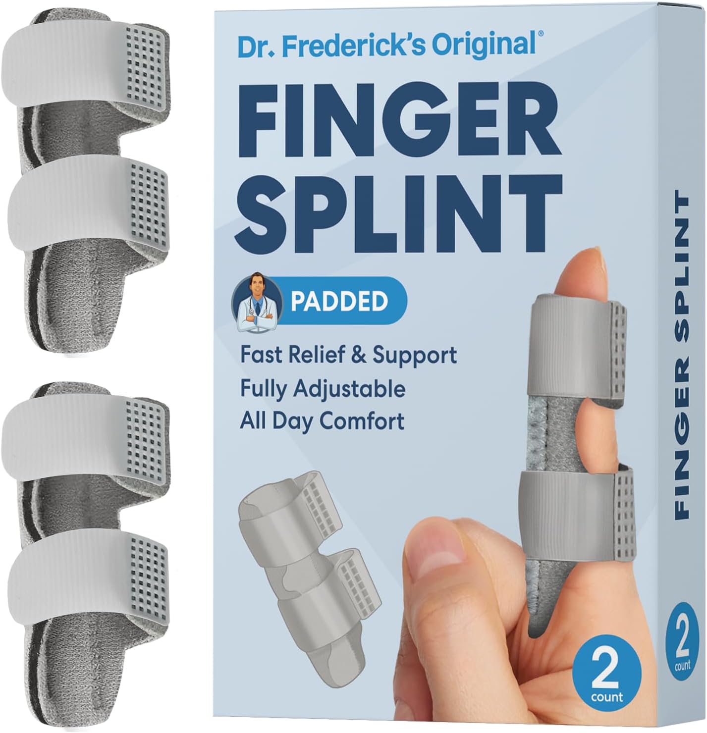 Dr. Frederick's Trigger Finger Splint - 2 ct - HSA/FSA - Index, Middle & Ring Fingers - Padded Brace for Arthritis, Mallet Finger, Tendonitis - Adjustable, Doctor-Developed - Regular Grey