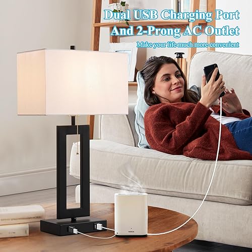 Miniatura 2 de IBBIBABO Juego de 2 lámparas de mesa industriales con 2 puertos USB y salida de CA, lámparas negras de 22.5 pulgadas, lámparas blancas modernas para
