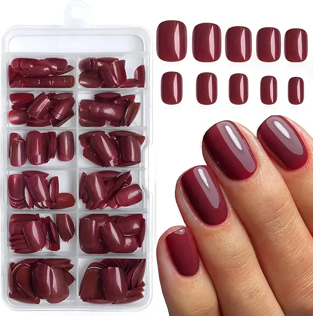 LunarCharm 240 Press-on Nägel kurze quadratische weinrot für Anfänger