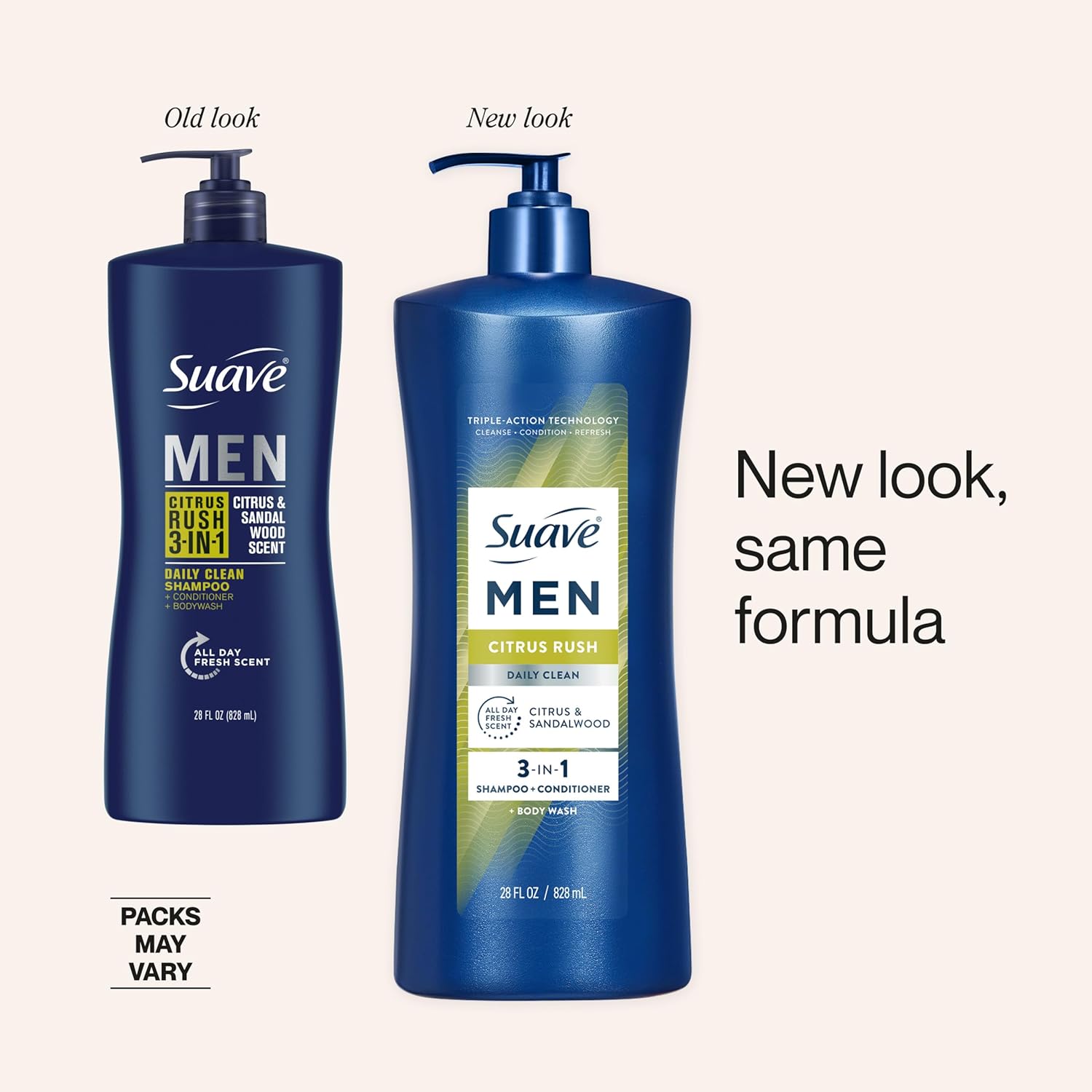 Suave Men Citrus Rush Daily Clean 3 in 1 Shampoo, Conditioner & Body Wash with Glycerin & Keratin Hydrates & Smooths Hair, Citrus Scent, 4 Count, 28 FL OZ Pump