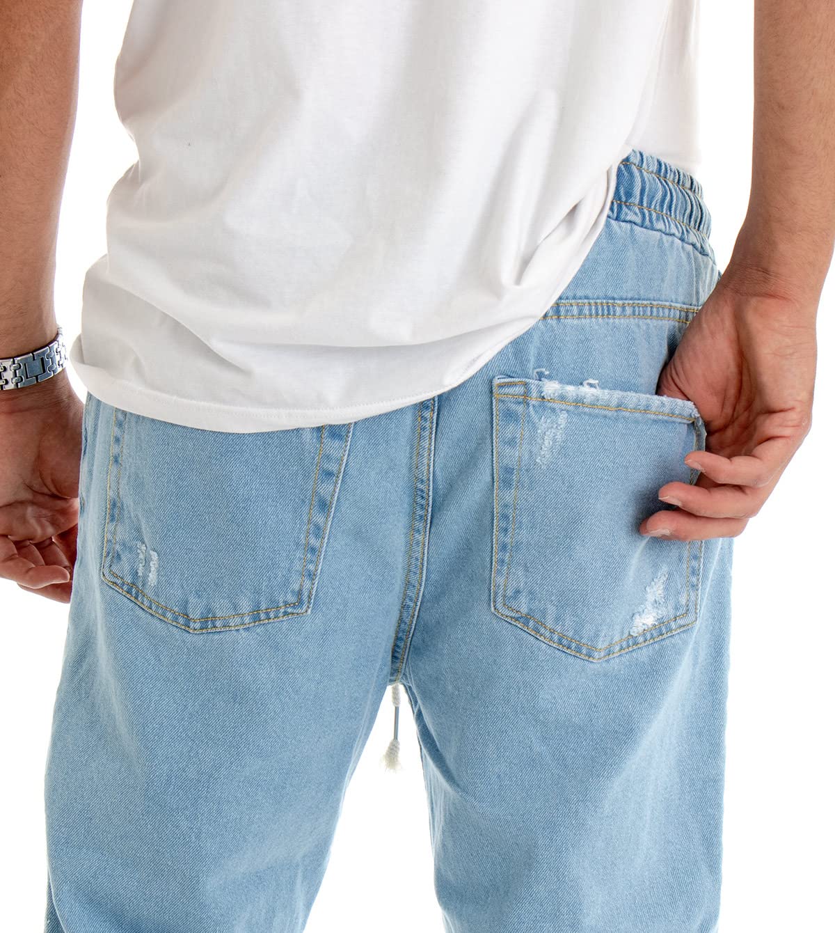 Pantalone Uomo Jeans Tinta Unita Rotture Elastico Coulisse