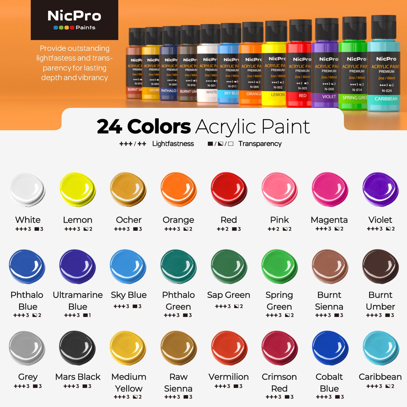 Nicpro Acrylic Paint Set - 24 Colors + Brushes -3 Nicpro Acrylic Paint Set - 24 Colors + Brushes -3