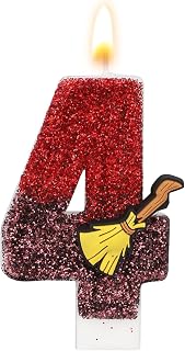 Magical Wizard Theme Birthday Candle, Magic Broomstick Themed Glitter Number Candle with Sequins Wizard Inspired Cake Topper for Kids Birthday Party Decoration Supplies (Number 4)