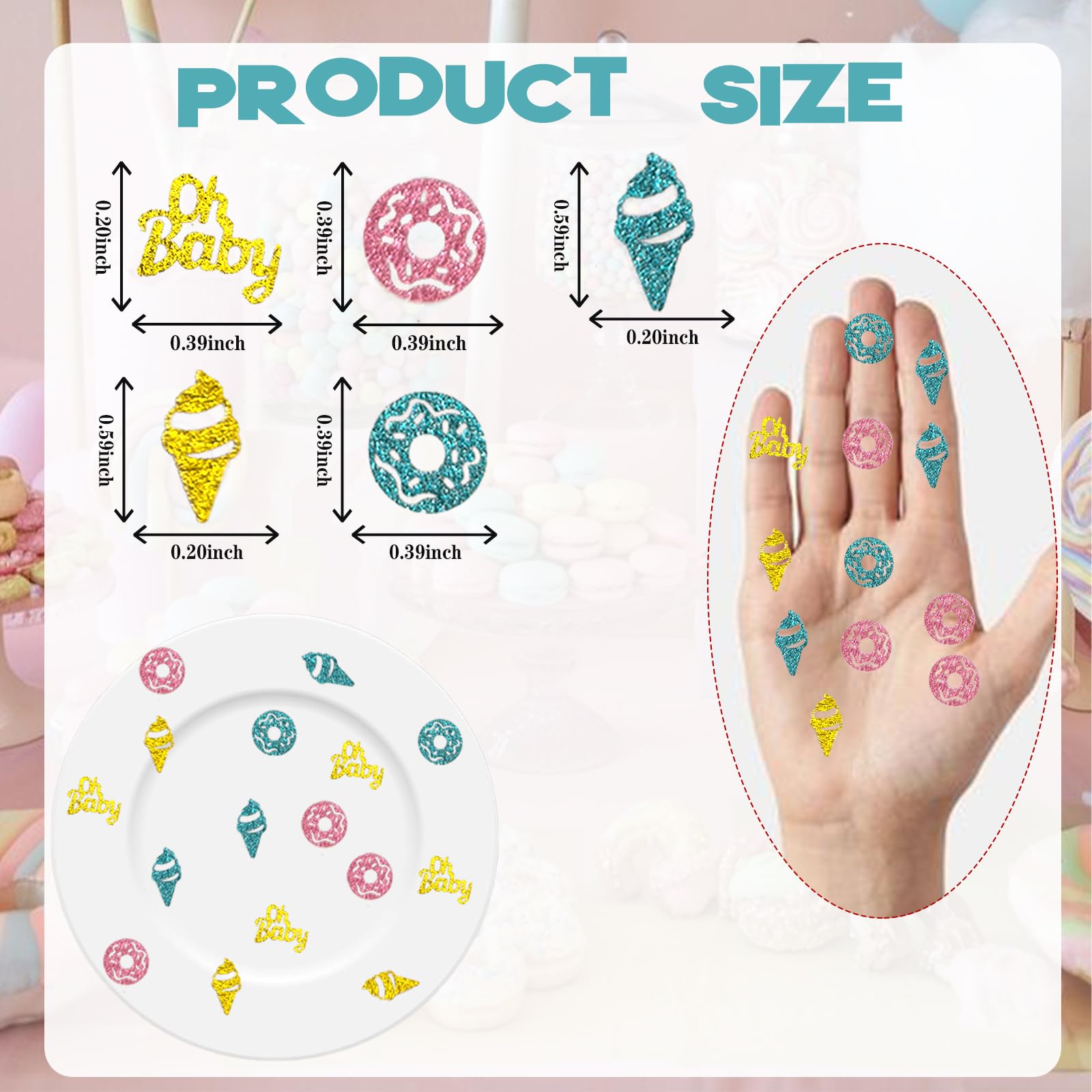 Gender Reveal Konfetti für Tischdekorationen, glitzernde rosa blaue Oh Baby Pailletten Metallic Folie Donut Eiscreme Tischkonfetti für Babyparty Geburtstag Party Supplies