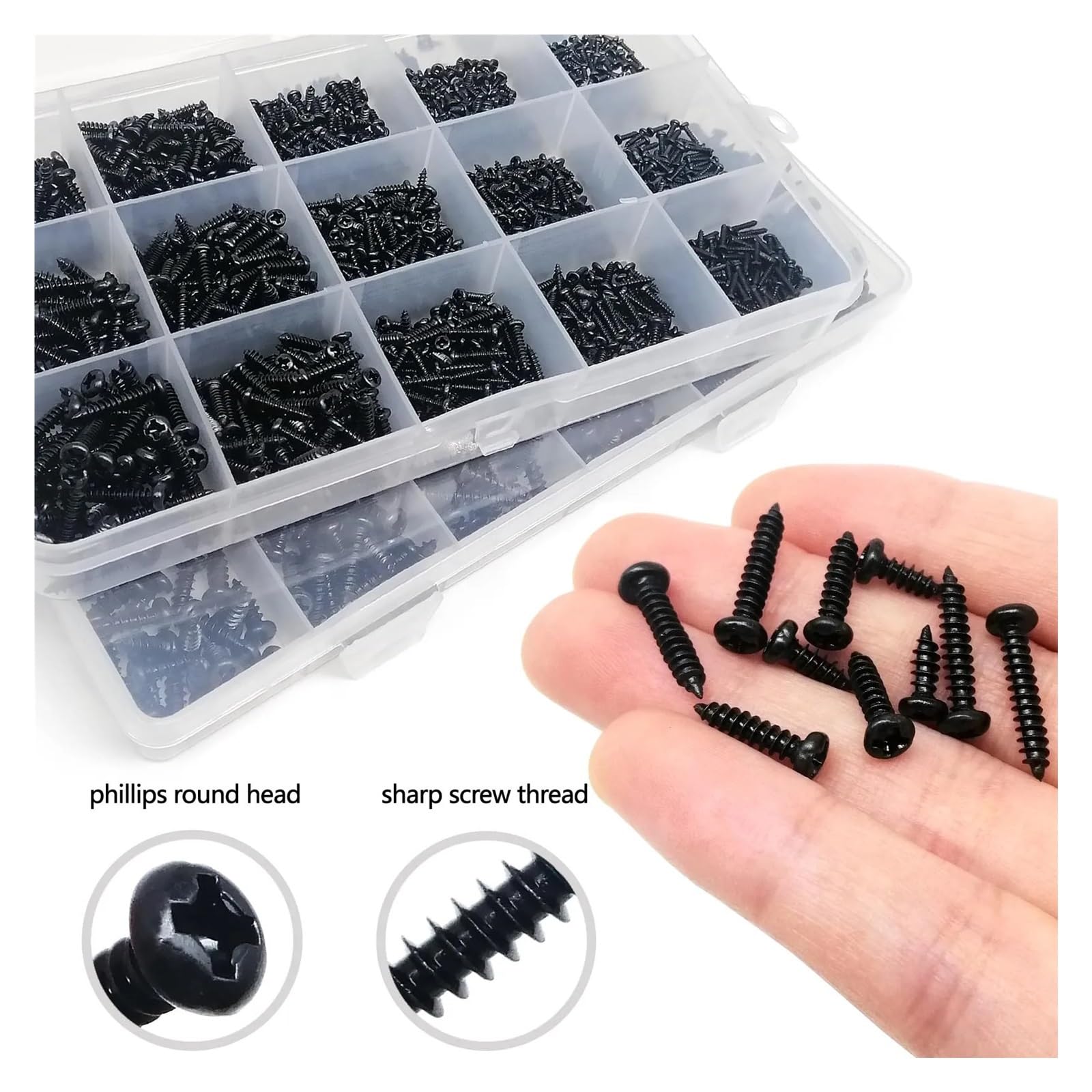 1 Box Mix M1 M1.2 M1.4 M1.7 M2 M2.6 M3 M4 Schwarzer Stahl Mikro Kreuz Rundkopf Selbstschneidende Holzschrauben Set(Set D 2010pcs)