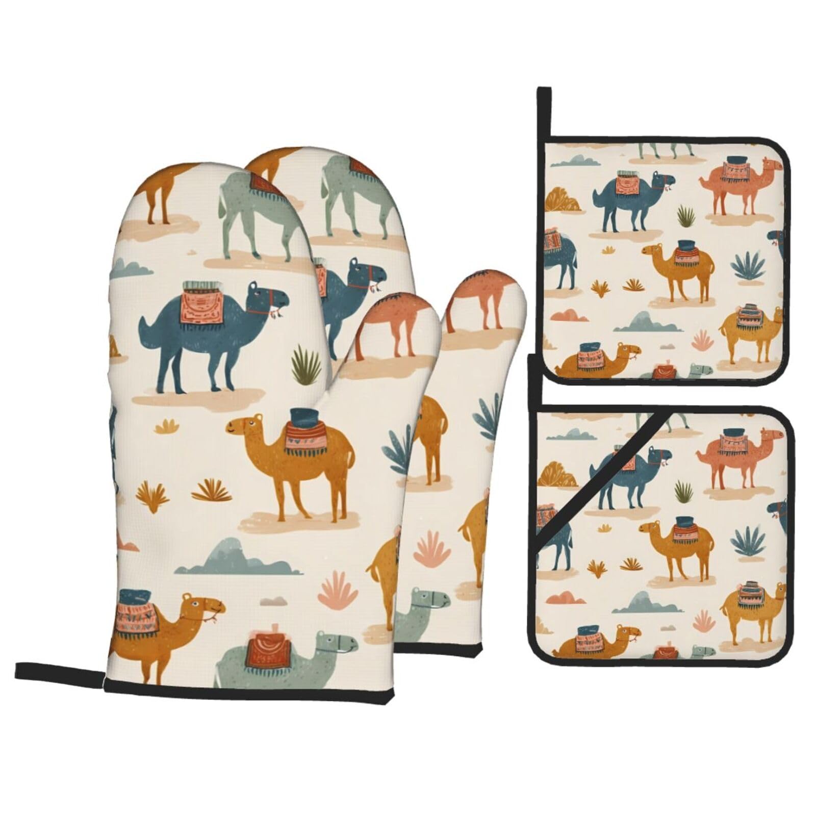 HJFCZH Peak Camel Picture Kitchen Baking Set of 4 Thick Insulated Oven Mitt & Pot Holders, Anti-Scalding for Microwave, Oven, Outdoor BBQ